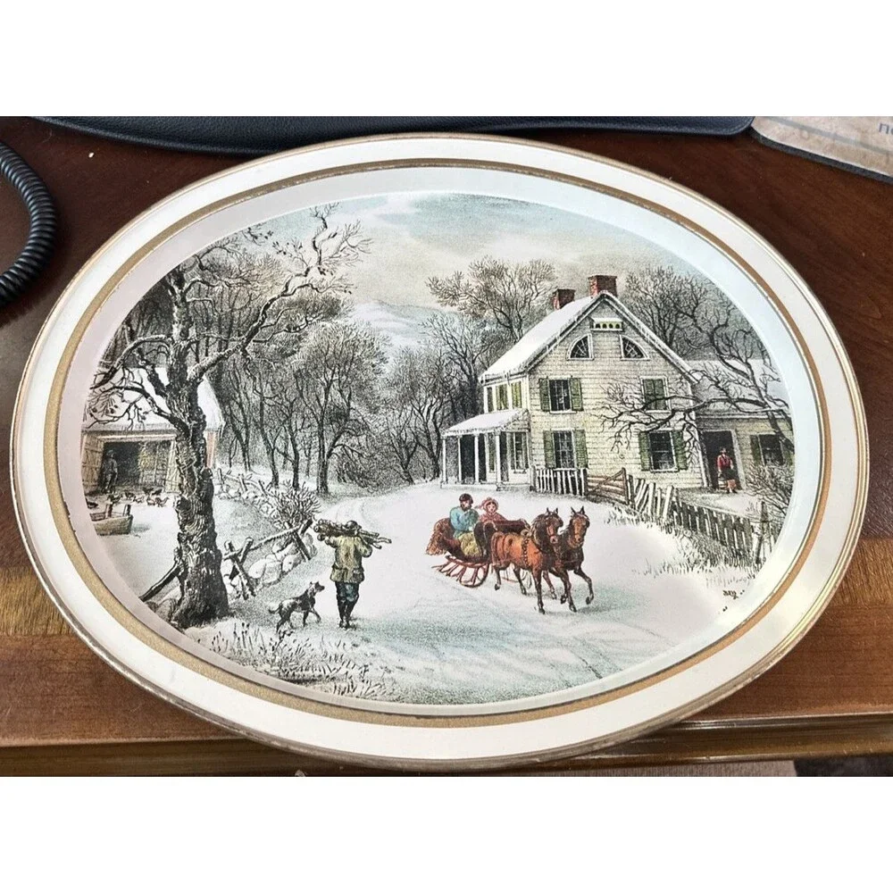 Vintage Currier & Ives Metal 1868 Oval Tray The American Homestead - Winter